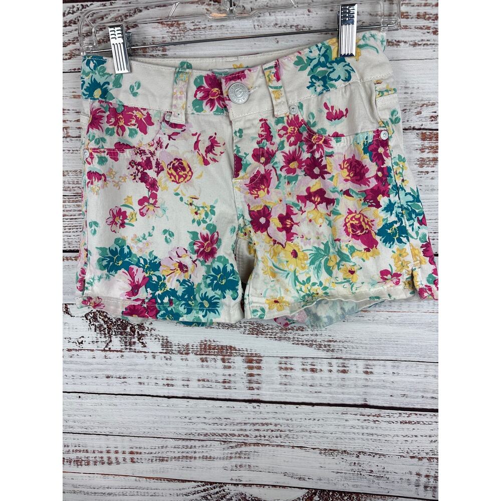 Womens Seven 7 White Floral Mini Denim Jean Shorts Cotton Stretch Low Rise Sz 2